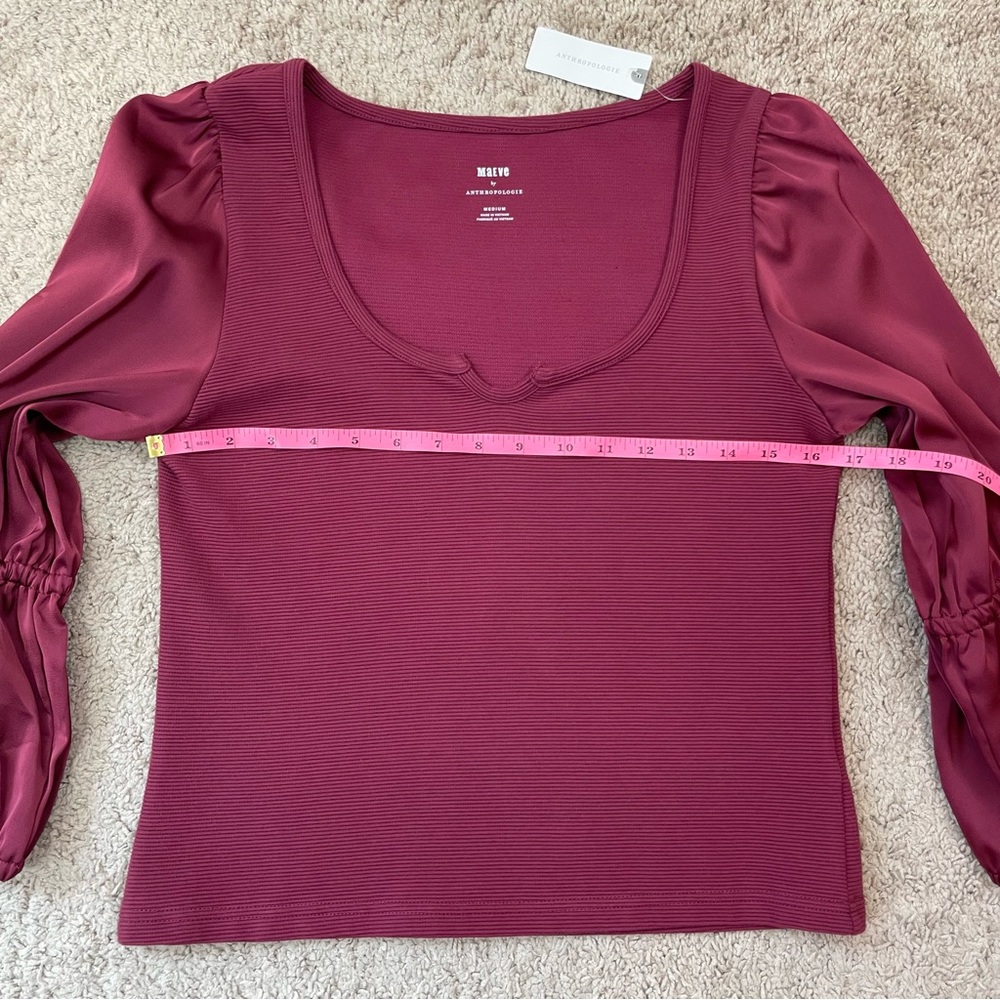 Maeve by Anthropologie Ribbed Tiered Long Sleeve Top in Burgundy Size Medium NEW - Picture 11 of 16